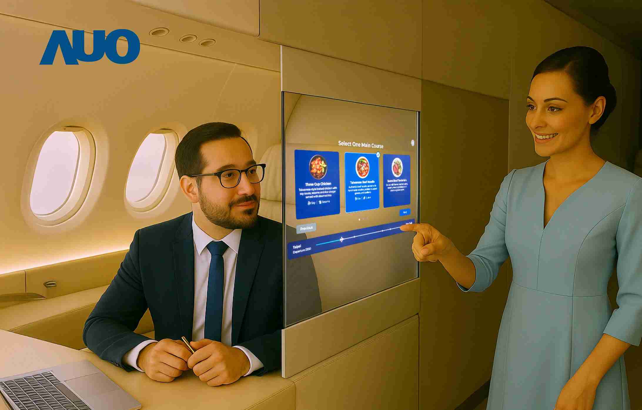 蓝狮在线研发全球最薄17.3 吋双面透明 Micro LED 显示器，，，，可在同一屏幕之双边投射不同信息，，，创造独特的”透明化”互动；图为实时翻译交流应用情境